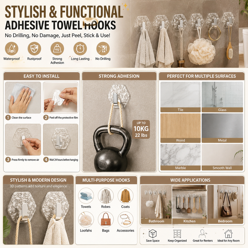 ✨ Self-Adhesive Waterproof Wall Hooks – No Drill Heavy Duty Towel & Robe Holder 🏠 detail view